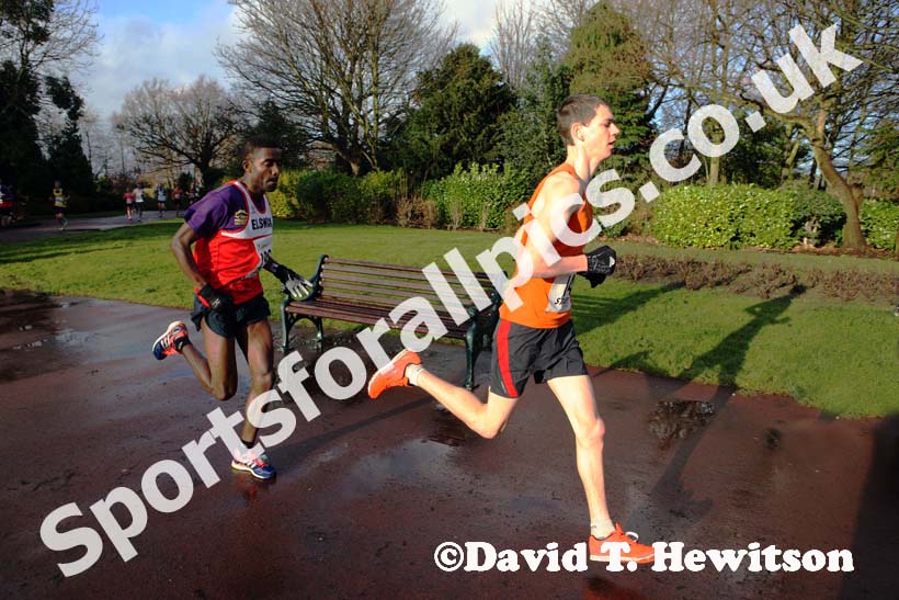 James Askew (Durham City) leads eventual winner Tadele Geremew (Elswick) during the Ronnie Walker Saltwell 10k Road Race, Gateshead. Photo: David T. Hewitson/Sports for All Pics
